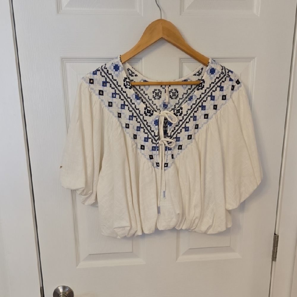Free People Cream Crop Blouse with Bib Collar and Tie Front